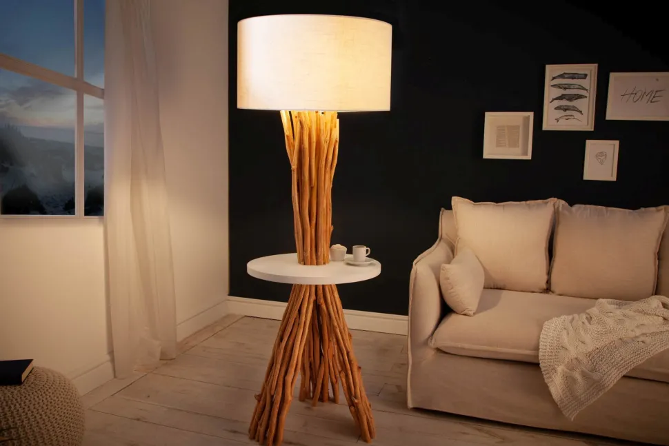 Dreibein Stehleuchte Holz Leinen Ablage 153 cm blendarm