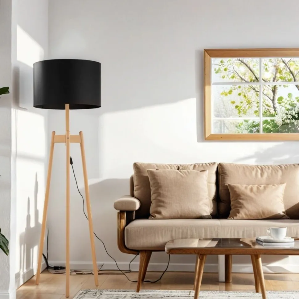 Dreibein Stehleuchte Holz Stoff 168 cm E27 Natur Schwarz
