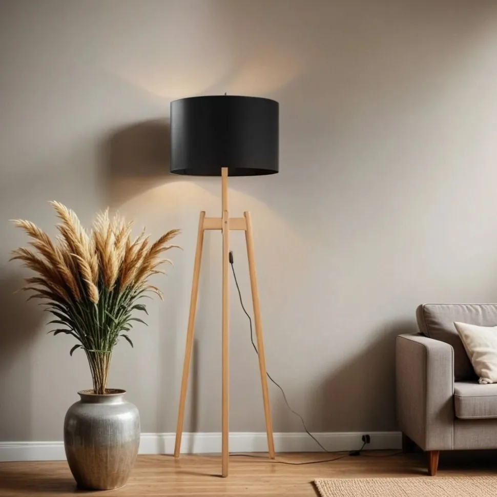 Dreibein Stehleuchte Holz Stoff 168 cm E27 Natur Schwarz