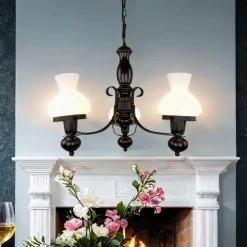 Echt-Holz Kronleuchter Metall Glas 3-flmg Landhaus