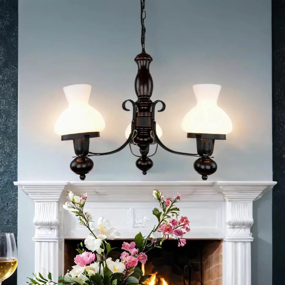 Echt-Holz Kronleuchter Metall Glas 3-flmg Landhaus