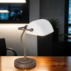 Exklusive Bankerlampe in Bronze Antik Weiß Echt-Messing