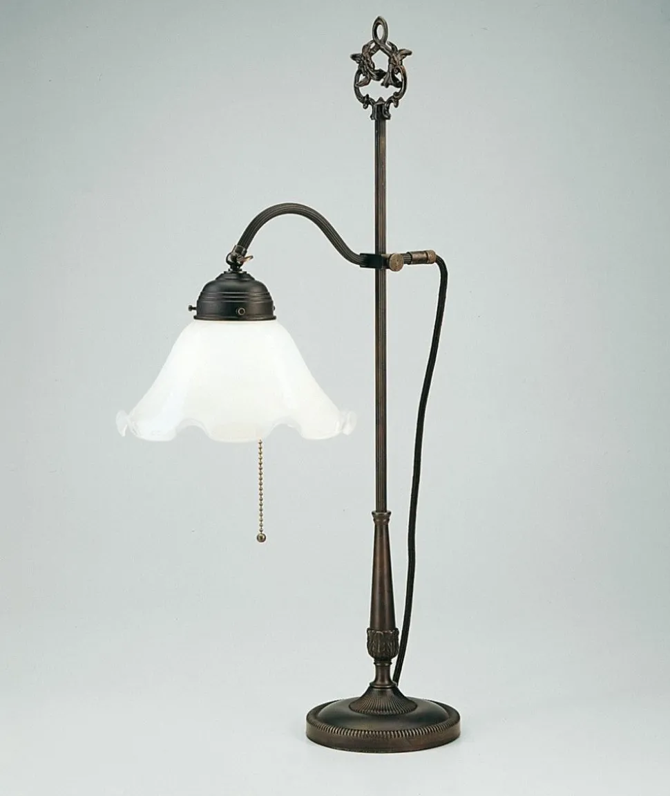 Florale Tischleuchte mit Zugschalter Messing Glas 63 cm