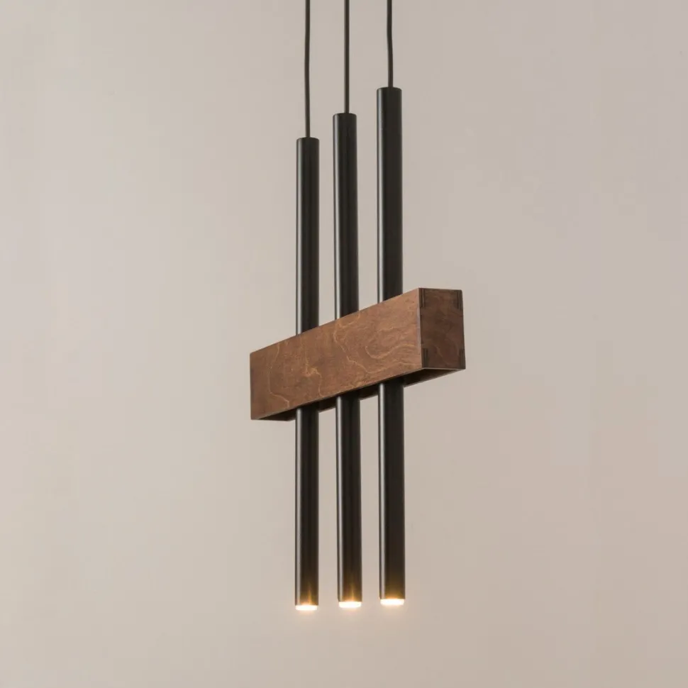 Gemütliche Hängelampe Metall Holz Balken 3-flammig