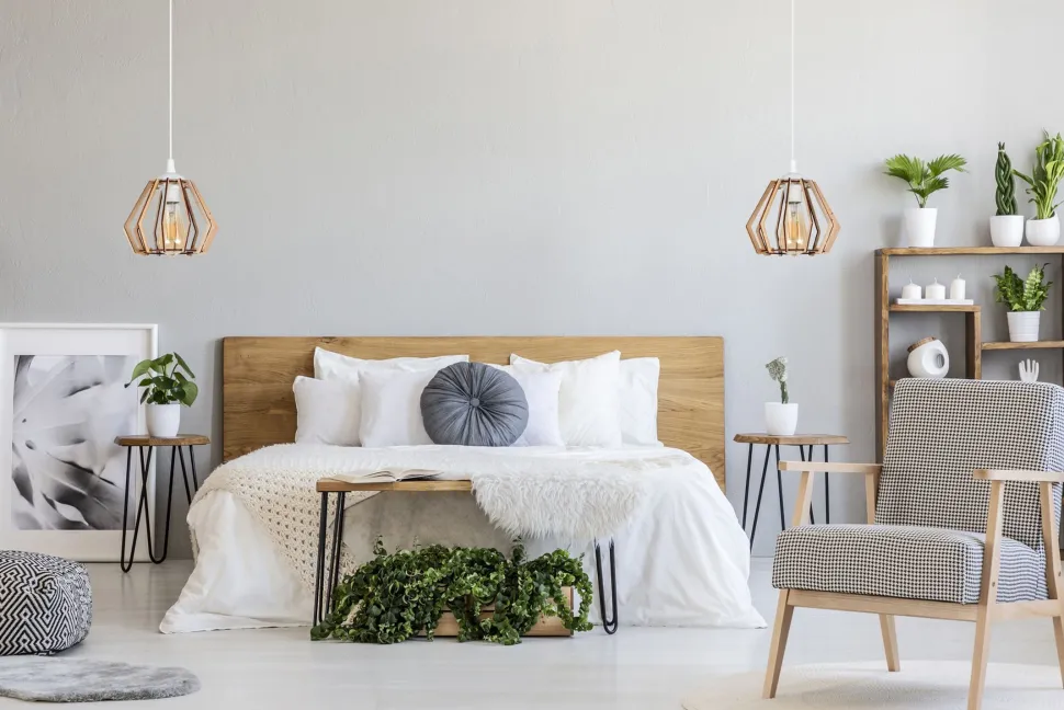 Gemütliche Hängelampe Weiß Natur Holz E27 B:20,5 cm