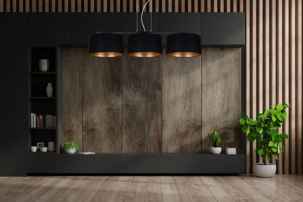 Gemütliche Pendelleuchte Stoff Schwarz Gold E27 100 cm