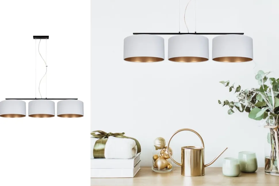 Gemütliche Pendelleuchte Stoff Weiß Gold E27 3-flammig