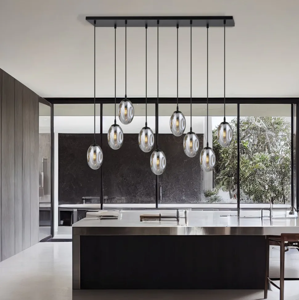 Große Hängeleuchte Glas Schirme9x E14 100 cm dekorativ