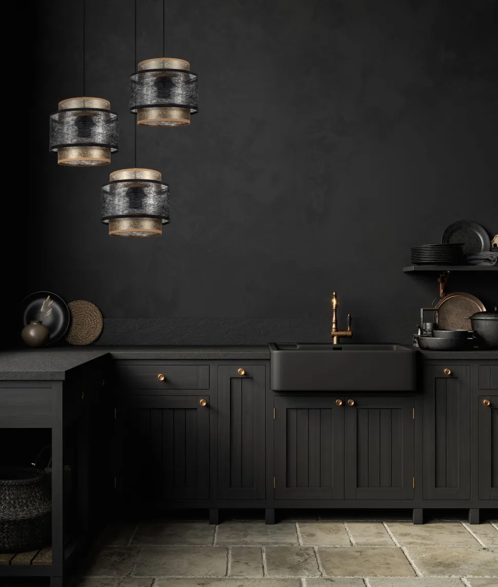 Hängelampe blendarm Schwarz Gold E27 Stoff Ø38 cm rund