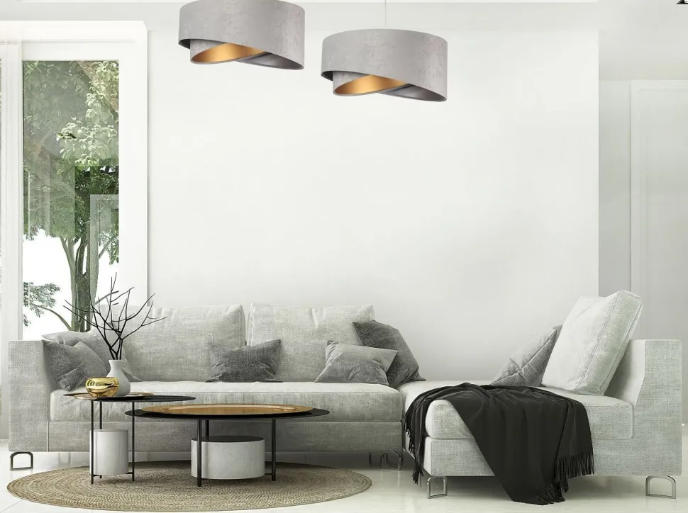 Hängelampe E27 Stoff rund Ø 50 cm Grau Gold Silber