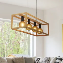 Hängelampe 4-flammig E27 Natur Schwarz Bambus Holz Metall