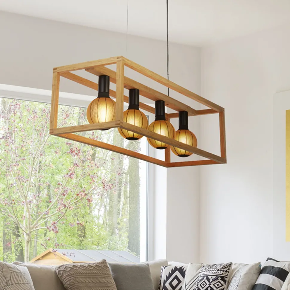 Hängelampe 4-flammig E27 Natur Schwarz Bambus Holz Metall