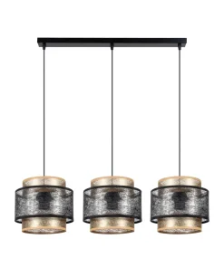 Hängelampe 3-flammig Schwarz Gold E27 Stoff blendarm