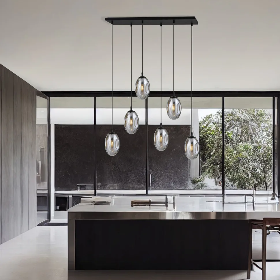 Hängelampe Glas 6-flammig E14 verstellbar Schwarz Grau