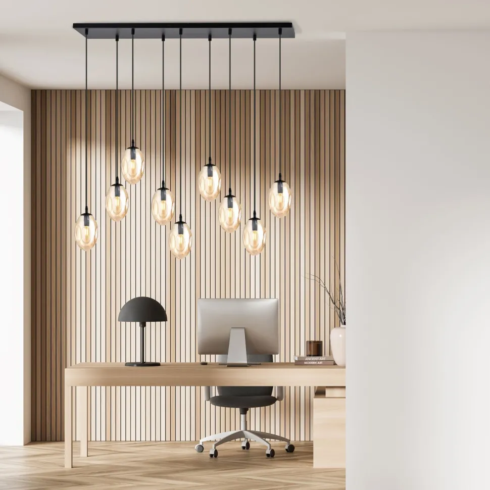 Hängelampe Glas groß 9-flammig in Bernstein Schwarz E14