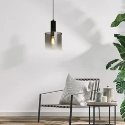 Hängelampe Glas Metall D: 22 cm E27 Schwarz Rauchgrau