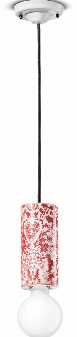 Hängelampe Keramik E27 rund D: 8 cm Rot Muster Retro