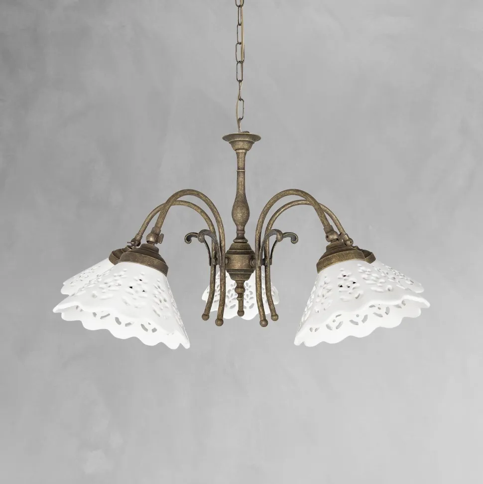 Hängelampe Messing Keramik in Weiß Bronze Antik 5x E27
