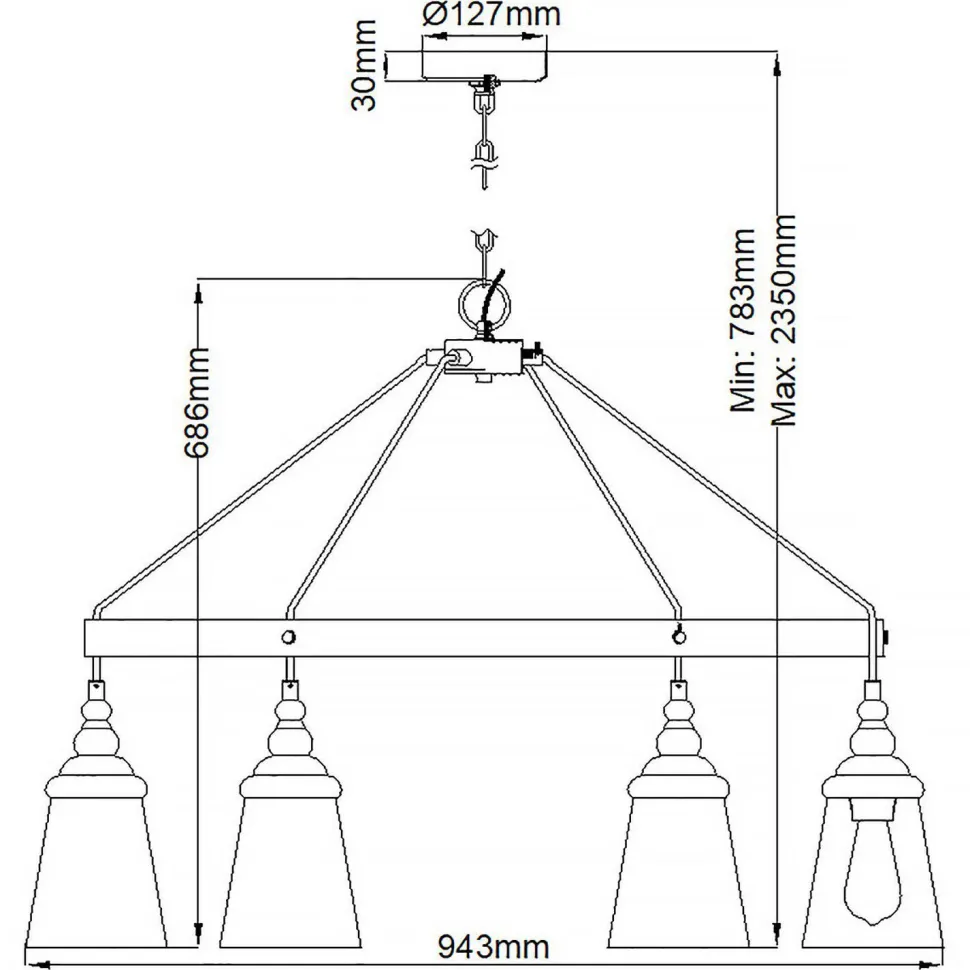 Hängelampe Metall Glas Ø 94,3 cm H: max. 235 cm 6x E27