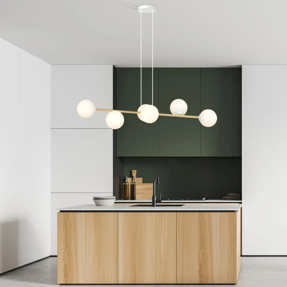 Hängelampe Metall Glas in Weiß Gold 110 cm lang