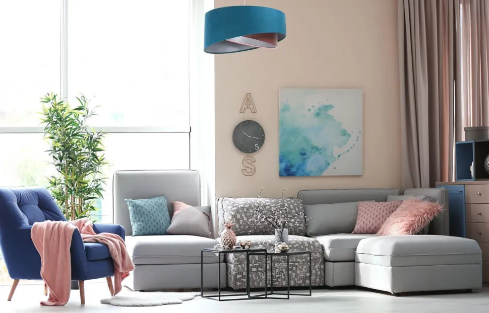 Hängelampe rund Ø 50 cm E27 Türkis Rosa Silber Stoffschirm