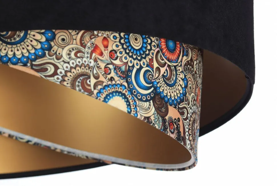 Hängelampe rund D: 50 cm E27 Stoffschirm Schwarz Bunt Gold