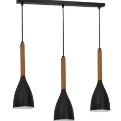 Hängelampe Schwarz Metall Holz 3 flammig E27 MUZA