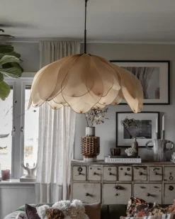 Hängelampe Stoff Metall E27 80 cm breit biegsam Natur