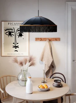 Hängelampe Stoffschirm Fransen D: 60 cm Schwarz Gold E27