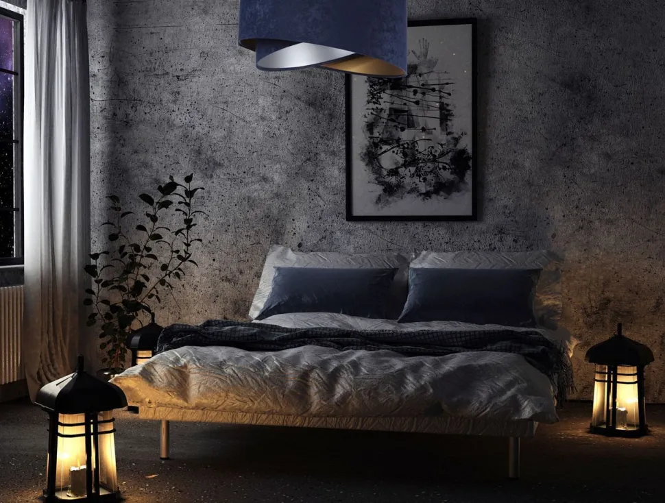 Hängelampe Stoffschirm rund D: 50 cm E27 Blau Gold Silber