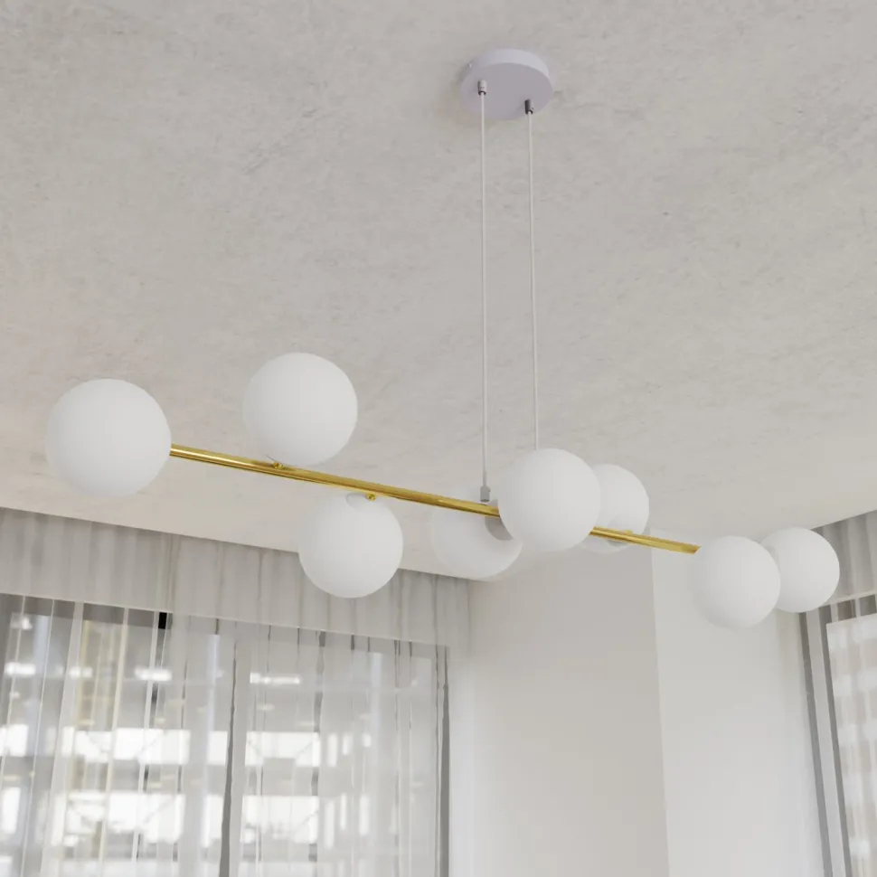 Hängelampe Weiß Gold 8x E14 Glas Metall 140 cm groß