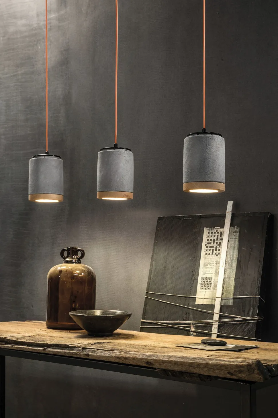 Hängeleuchte Beton Optik rund Ø 12,5 cm Keramik Holz E27