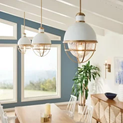 Hängeleuchte E27 D: 40,8 cm Metall Glas in Messing Weiß