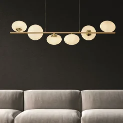 Hängeleuchte 6-flammig G9 in Messing matt Weiß Glas