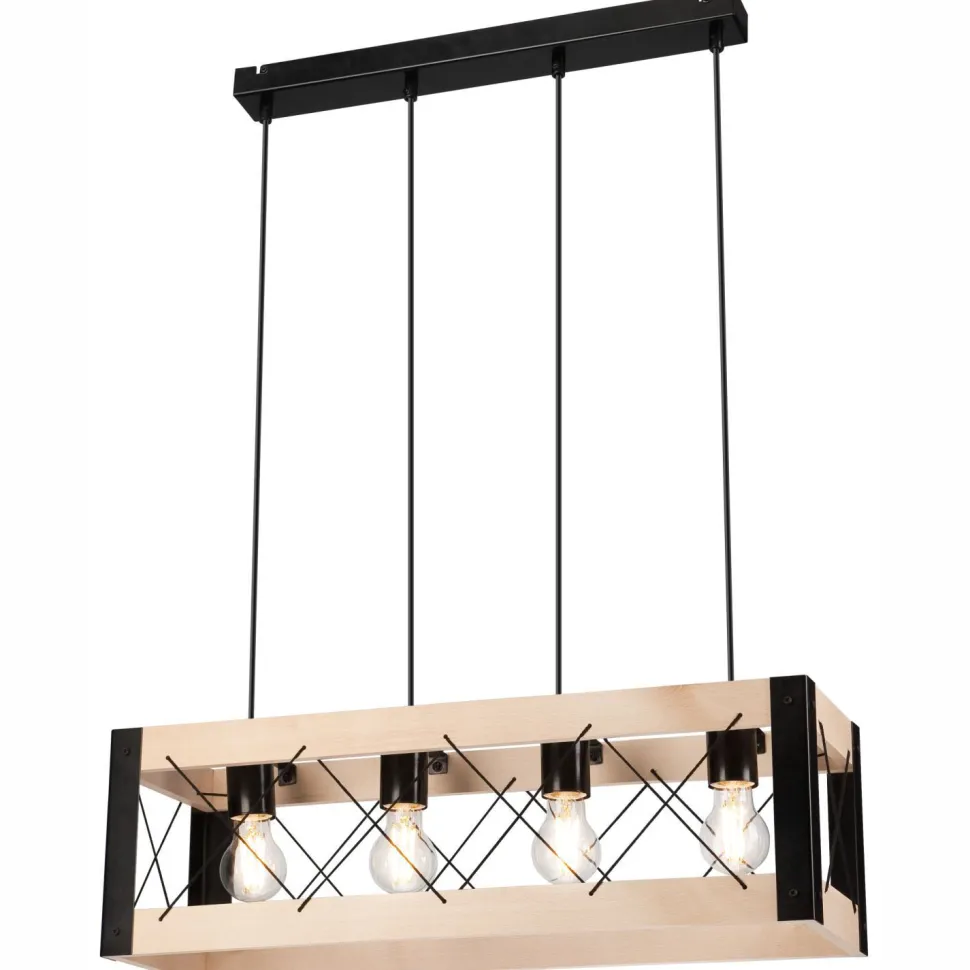 Hängeleuchte Holz Metall 4x E27 B: 63 cm Schwarz Natur Rustikal