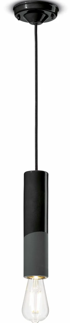 Hängeleuchte Keramik E27 rund D: 5,5 cm Schwarz Retro