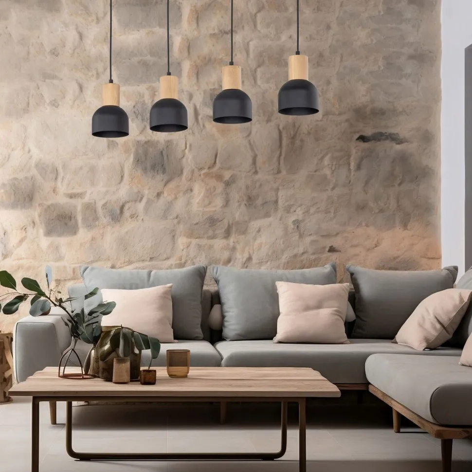 Hängeleuchte Metall Holz E27 Schwarz Holz 4-flammig