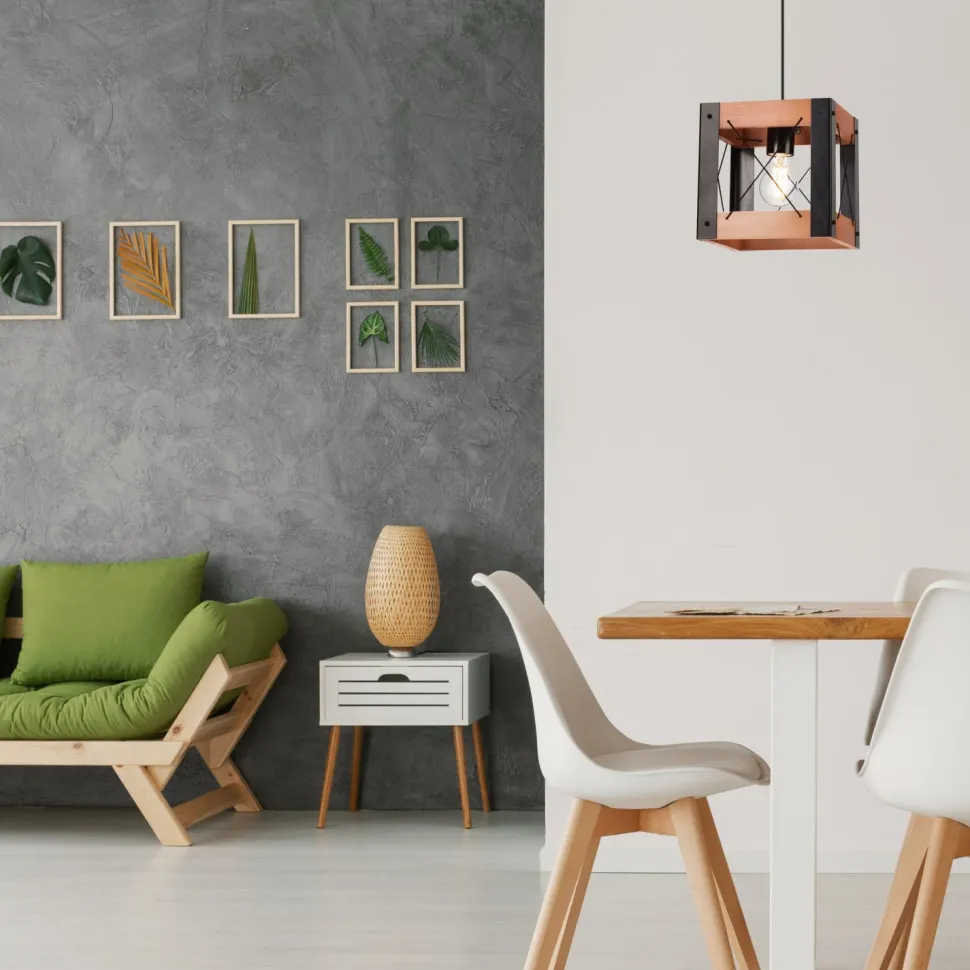 Hängeleuchte Rustikal verstellbar E27 Metall Holz Schwarz