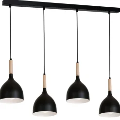 Hängeleuchte Schwarz Metall Holz 4 flammig