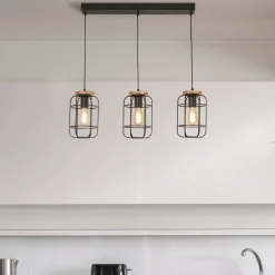 Hängeleuchte Schwarz Natur 3-flammig E27 Metall Holz