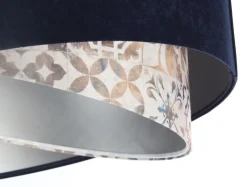 Hängeleuchte Stoff D: 50 cm Velours Optik Blau Beige Silber