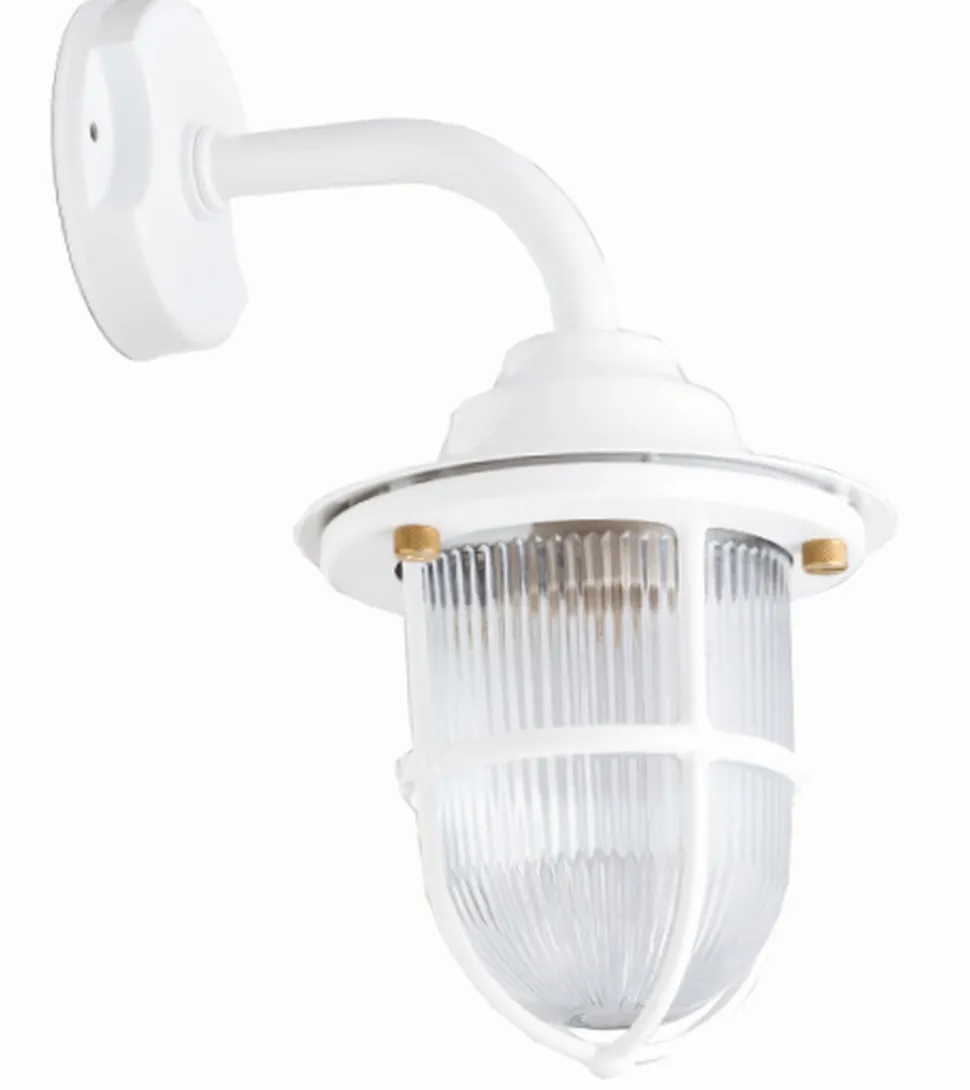 Hoflampe Weiß E27 Messing Riffelglas IP64 Maritim SANTORIN