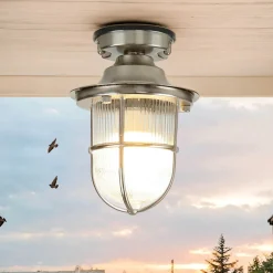 Kleine Deckenleuchte außen E27 Messing Riffelglas Maritim