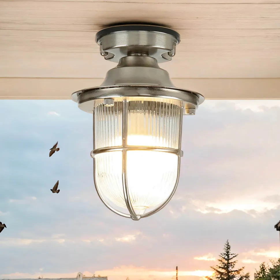 Kleine Deckenleuchte außen E27 Messing Riffelglas Maritim