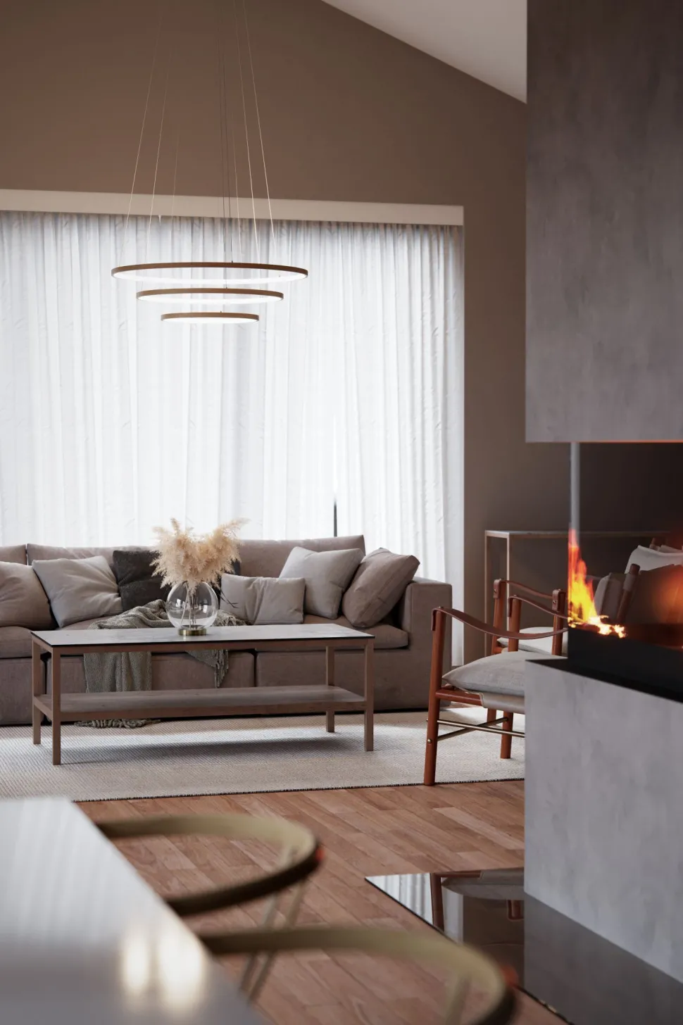 Kronleuchter LED B: 80 cm 3 Ringe Holz 2700 K warmweiß