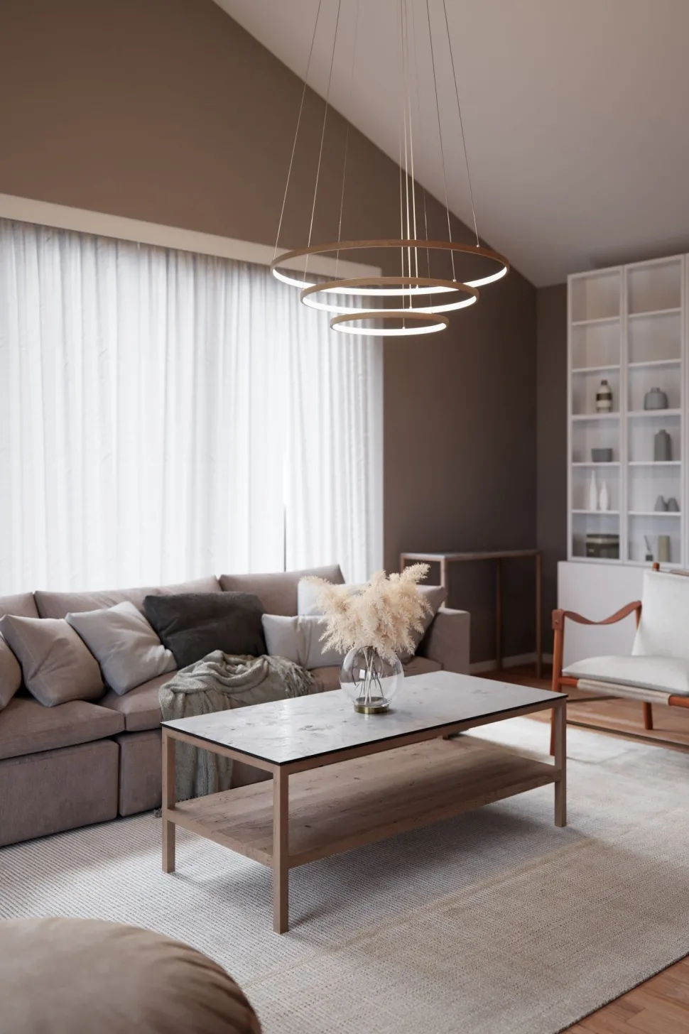 Kronleuchter LED B: 80 cm 3 Ringe Holz 2700 K warmweiß