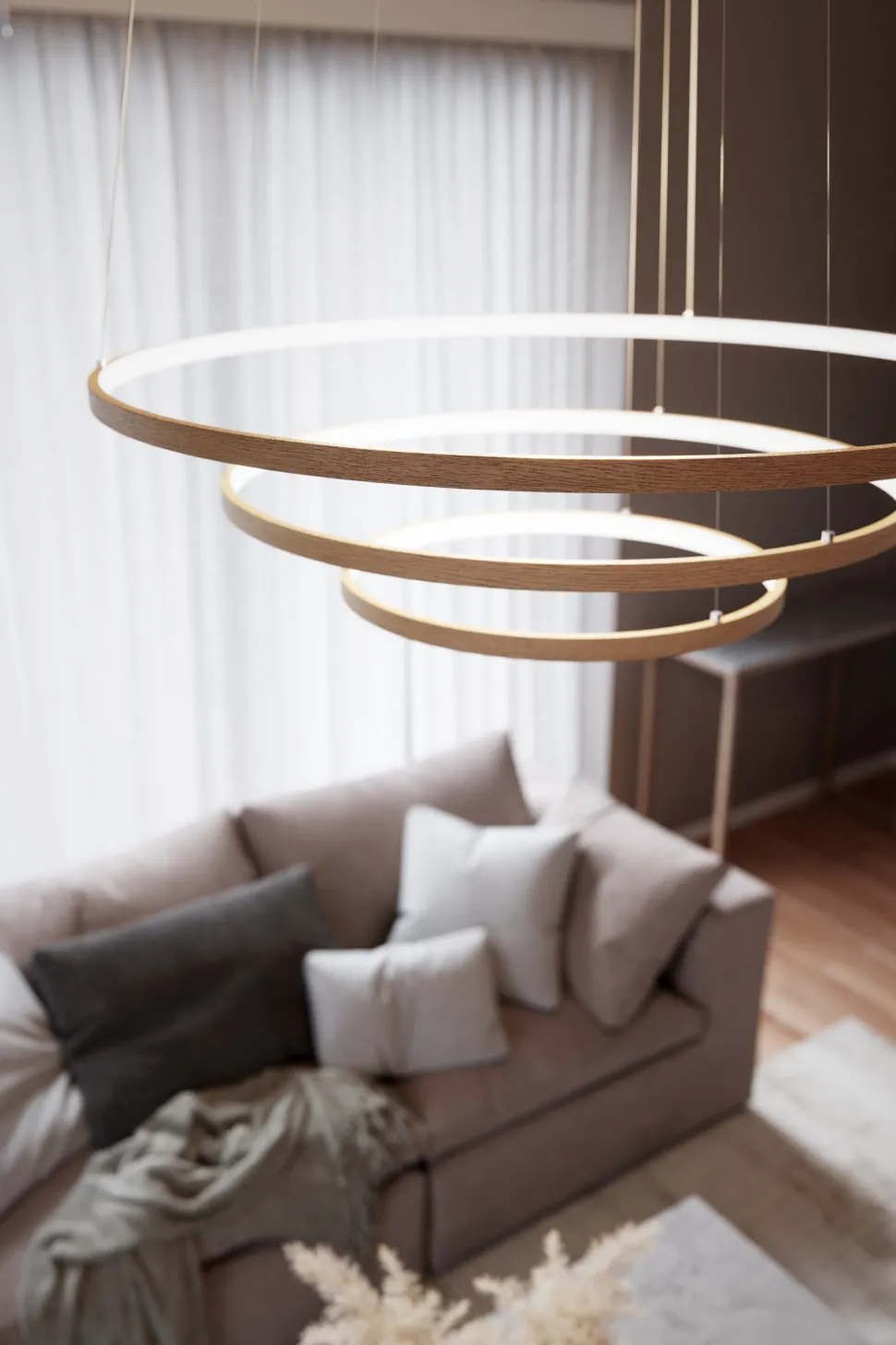 Kronleuchter LED B: 80 cm 3 Ringe Holz 2700 K warmweiß