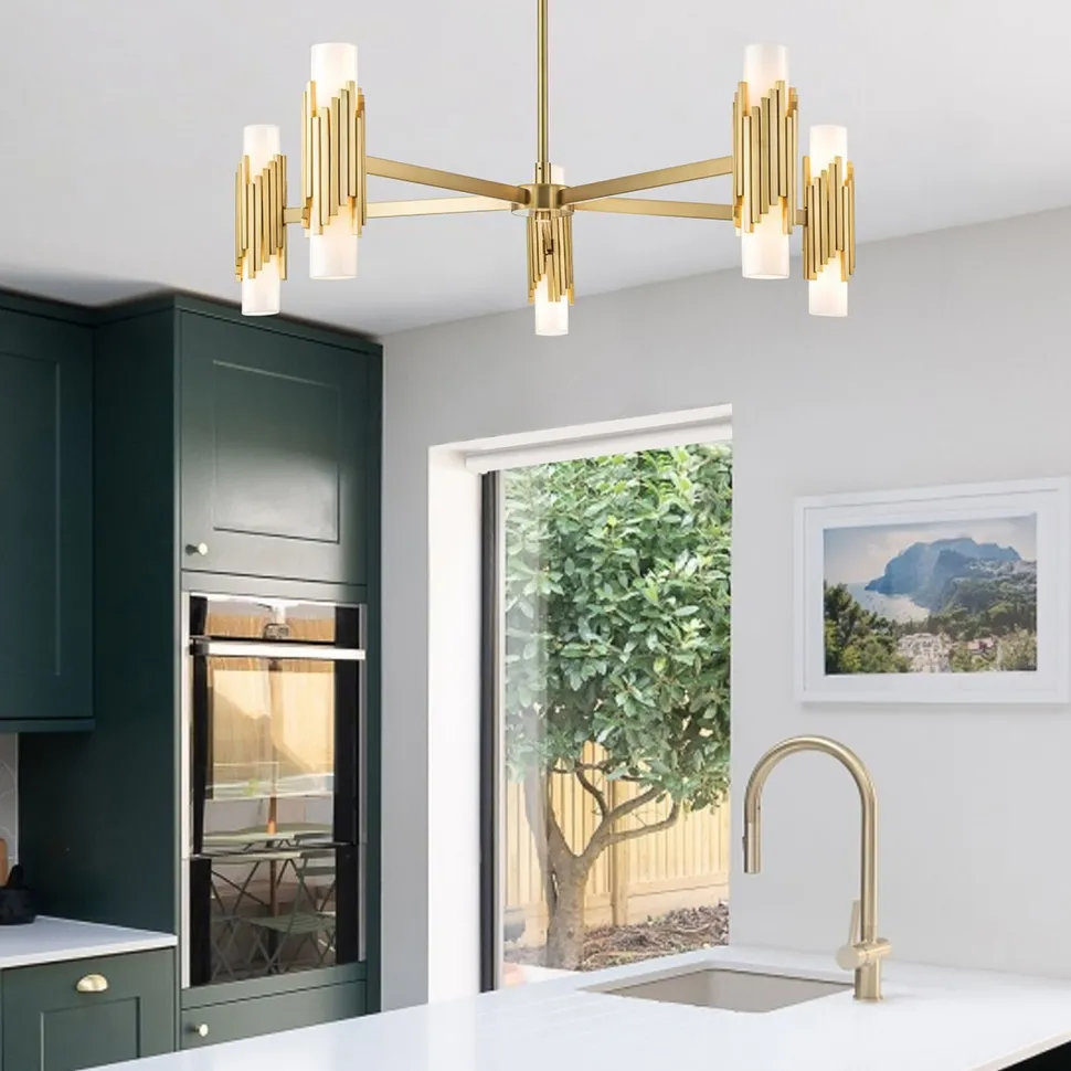 Kronleuchter Metall Glas E14 B: 106,7 cm in Messing antik Weiß