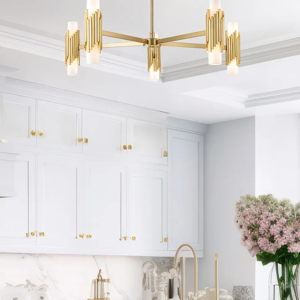 Kronleuchter Metall Glas E14 B: 106,7 cm in Messing antik Weiß