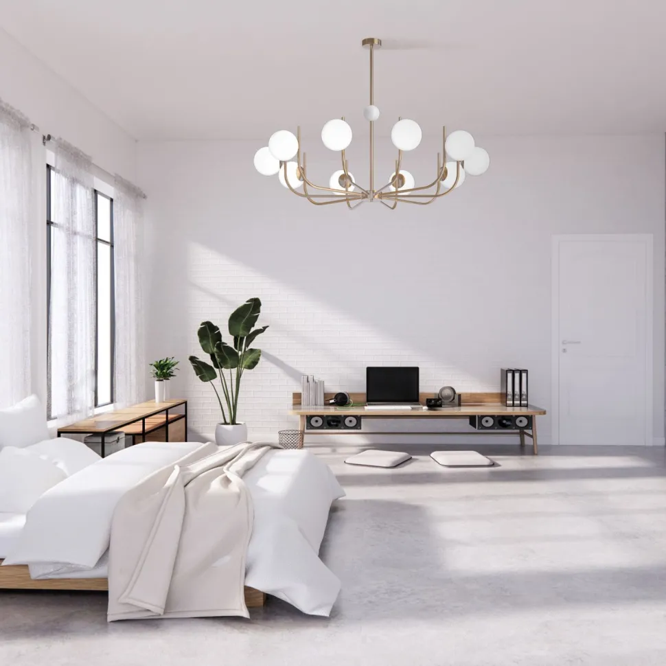 Kronleuchter Metall Glas B: 116 cm in Messing Weiß E14